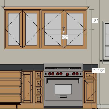 Click and drag a line of sight that intersects the group of cabinets that includes the range. 2. Zoom in on the kitchen.