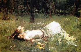Ophelia by Waterhouse (1889) The second version of Ophelia, painted in 1894, shows her sitting on a log, before a lily pond, much closer to the water than in the first