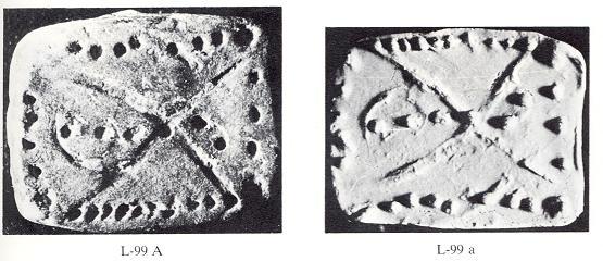 The objects in Figures 34 to 37 have four different types of patterns, the first one being rectangular with a rather poor quality cross and dots on