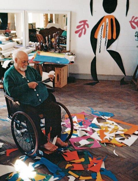 Drawing with Scissors When Henri Matisse got older, he became very sick. He eventually had to have abdominal surgery, and after that he was confined to a wheel chair or his bed.