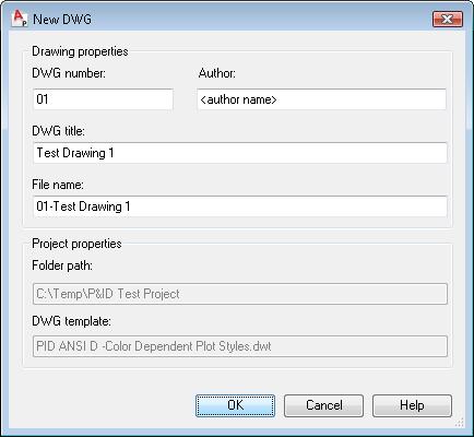 66 Chapter 5 Advanced Tasks Configure the P&ID Drawing Environment 2 In the New DWG dialog box, do the following: Under DWG number, enter 01. Under DWG Title, enter Test Drawing 1.