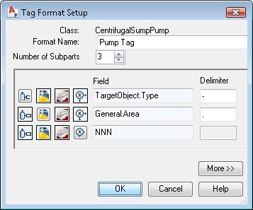 78 Chapter 5 Advanced Tasks Configure the P&ID Drawing Environment 11 In the Tag Format Setup dialog box, set the Delimiter fields as follows: Leave the dash (-) in the first Delimiter field.