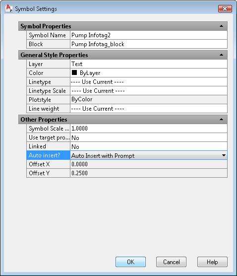 Advanced Tasks Configure the P&ID Drawing Environment 81 5 In the Symbol Settings dialog box, do the following: Under Symbol Properties, to the right of Symbol Name, enter Pump InfoTag2.