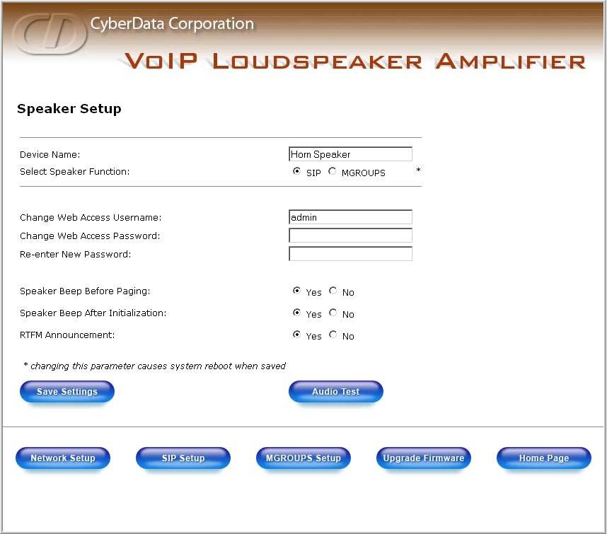 Installing the VoIP Paging Amplifier Configure the Paging Amplifier Parameters 21 2.3.3 Set up the Paging Amplifier 1. Click the Speaker Setup button to open the Speaker Setup page. Figure 2-13.