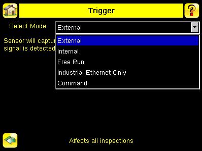 Trigger Main Menu > Imager > Trigger A Trigger is a signal that makes the sensor capture an image and inspect it.