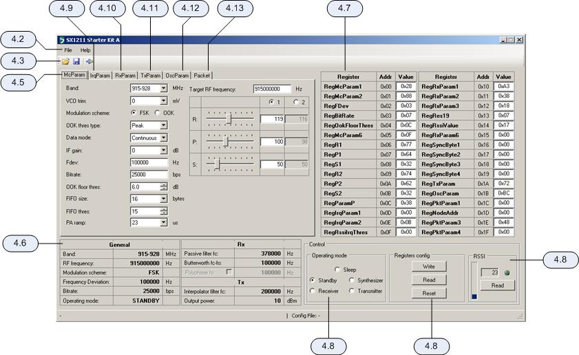 4 SX1211SXA Software Description 4.1 Overview Figure 8 shows the SX1211SKA graphical user interface.
