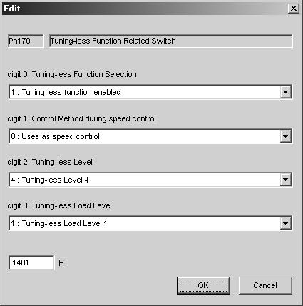 5 Adjustments 5.2.2 Tuning-less Levels Setting (Fn200) Procedure 2. Select Pn170 in the Parameter Editing dialog box.