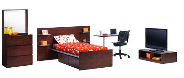 Contemporary design and clever features support modern style living. Features Bed, Bed Wing Panels, Shelf Headboard, footboard and wing panels are 1" hardwood veneer plywood.