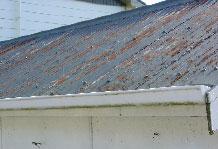 Existing roof paint in poor condition (flaking paint and red rusting) Treat moss and