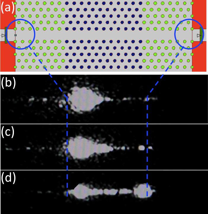 To visualize the effect of the group velocity taper, we observe the light transmission behavior with infrared (IR) microscope above the photonic crystal waveguide.