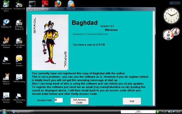 This screen will pop up whenever you start Baghdad until you register the software with me.