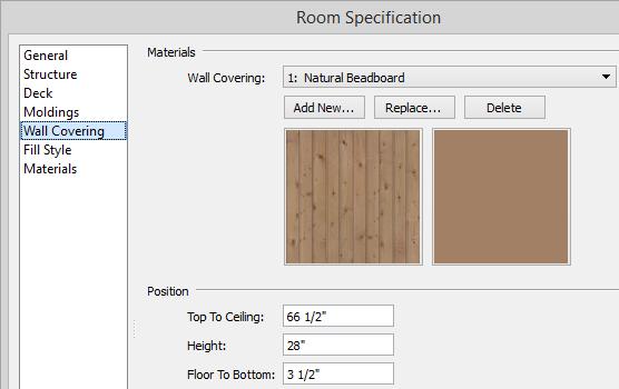 Applying Wall Coverings Click the Add New button to open the Select Material dialog. Select an appropriate material for your wall covering, and click OK.