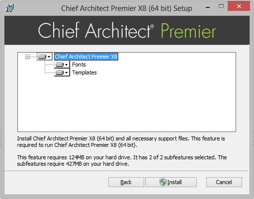 Chief Architect X8 User s Guide Choose Items to Install 5. You can use this window to specify what features you wish to install. Click on a line item to select it.