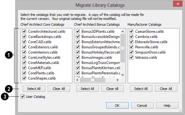 Chief Architect X8 User s Guide Migrate Library Catalogs Dialog A list of all Chief Architect Core, Chief Architect Bonus, and Manufacturer Catalogs 1 installed in your version X7 library display