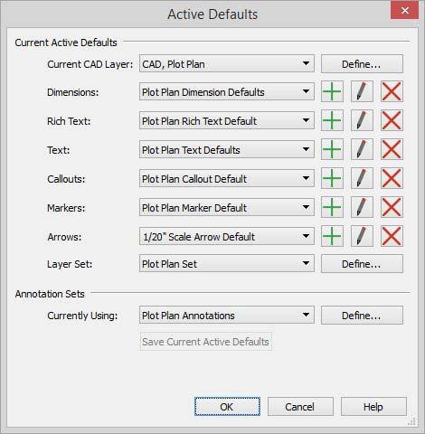 Creating a Plot Plan 4. In the Active Defaults dialog: Select "Plot Plan Annotations" from the Currently Using drop-down list. Notice the changes to the Current Active Defaults settings.