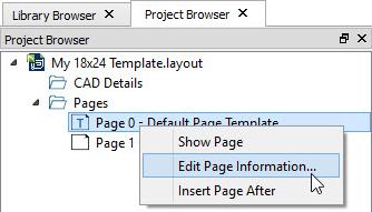 Notice the icons beside each page. Page 0 is specified as a Page Template, while Page 1 is a page with content. Page 1 is listed as a page with content because it has a Layout Page Table placed on it.