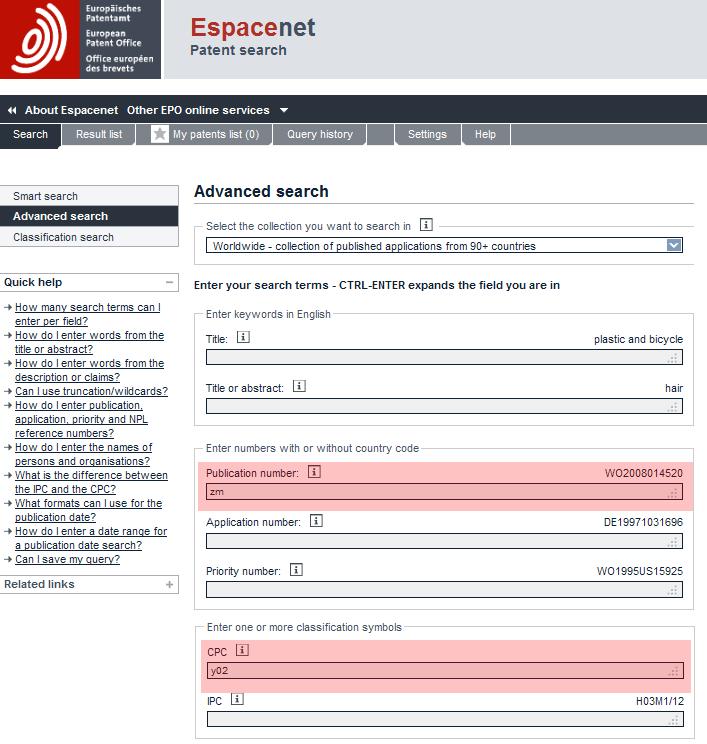 Example in Espacenet: Zambian Patent Applications www.epo.