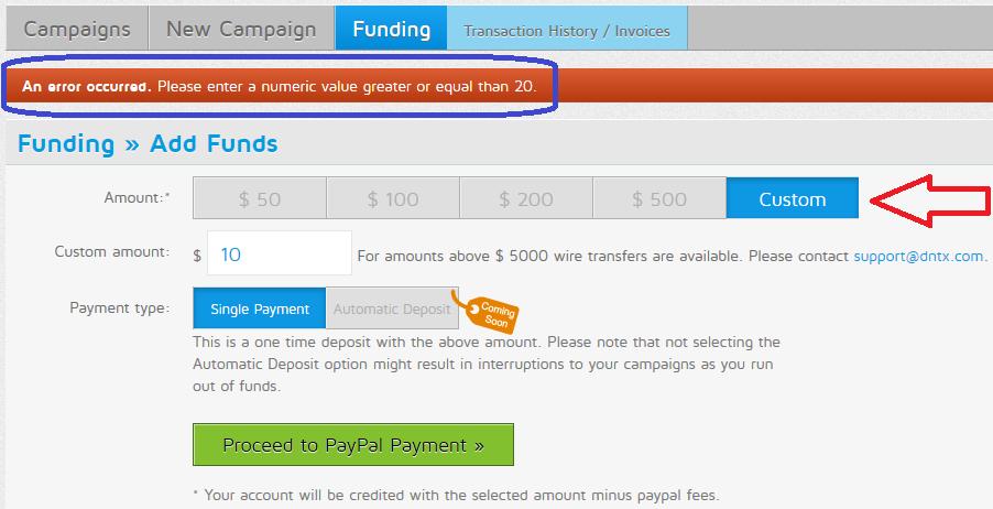 Click on the Custom Tab and you will now be taken to where we can put in our own deposit amount, $20 is the minimum.