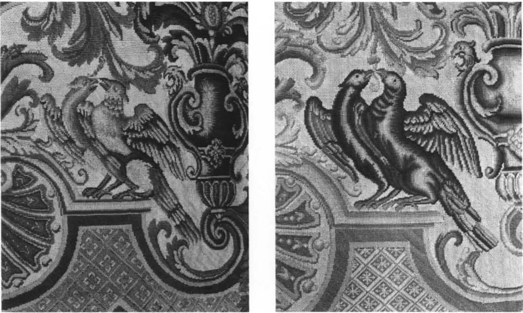 Two Embroidered Hangings 101 FIGURE 17 Panel i: lower vase and pair of exotic birds. FIGURE I 8 Panel 2: vase and birds, quatrefoil motif.