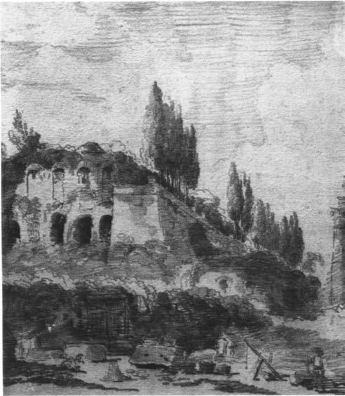Fragonard 119 FIGURE 6 Hubert Robert (French, 1733-1808). View of the Northeast Corner of the Palatine Hill, Seen from the Roman Forum, ca. 1759. Red chalk on paper, 38x33 cm (15x13 in.). Valence, Musée des Beaux-Arts D-4O.