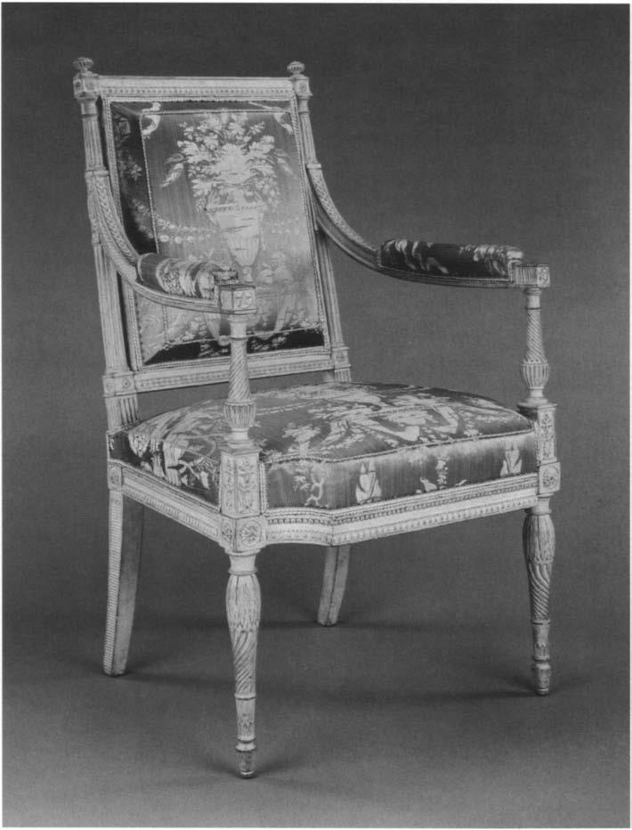 172 Decorative Arts 72 (one of a pair) 72. Pair of Chairs (Fauteuils) French (Paris), ca. 1790-92 By Georges Jacob (1739-1814) Painted beech and modern silk upholstery, 94.0 x 59.0 x 60.5 cm (3 ft.