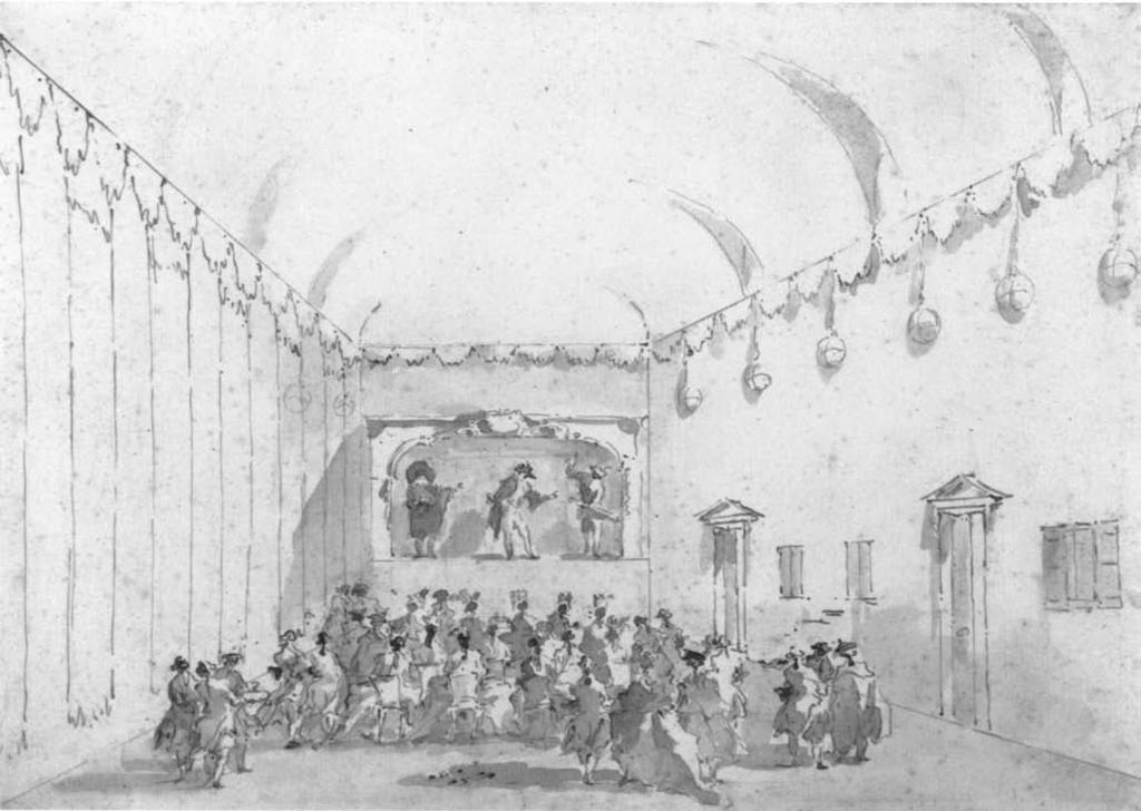 46 Pask FIGURE I Francesco Guardi (Italian, 1712-1793). A Theatrical Performance, 1782. Pen and brown ink and brown wash over black chalk, 27.4 x 38.5 cm (io 13 /i6x isvsin.). Malibu, J.