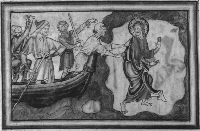 Getty Apocalypse 59 FIGURE 8 Saint John's Arrival on Patmos. Fol. iv. within and outside the frame, John becomes a powerful medium through whom the reader can "see" and experience his visions.