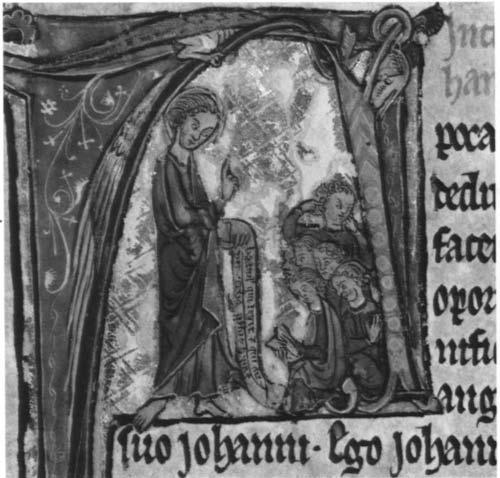 8 THE HISTORIATED INITIALS FIGURE lob Mfltt Pointing Upward (detail of fig. loa). FIGURE II Saint John Preaching (historiated initial). Fol. 2. perception.