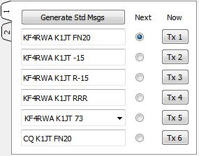 Two arrangements of controls are provided for generating and selecting Tx messages. Controls familiar to users of program WSJT appear on Tab 1, providing six fields for message entry.