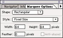 Marquee (continued) You can set precise marquee options of Fixed Size, or Constrained Aspect Ratio from the pull-down arrow in the palette.
