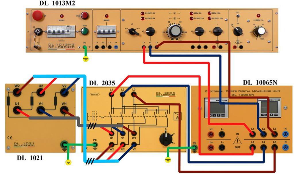 For this experiment we will use the DL 2035 Star/Delta starter. Follow the diagram from next figure and connect the power cables accordingly. Figure 9.