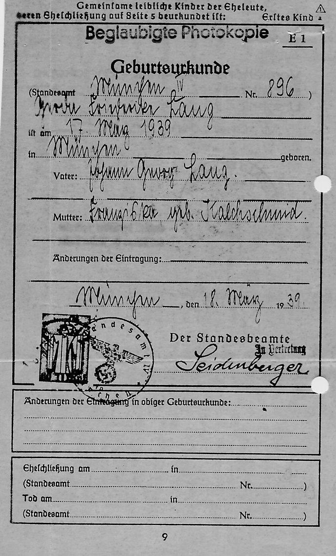 Birth Certificate: Gerda Friderike Lang 17 Mar