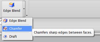Chamfer Chamfers are used to add bevels to sharp edges. To add a chamfer to one side of the object, select the Chamfer option from the down arrow next to the Edge Blend button in the Menu (Figure 24).