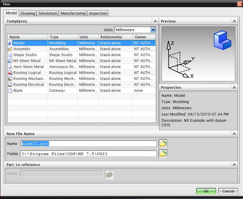 Figure 2 - New Part Dialog Once the new file has been created, the NX modelling interface