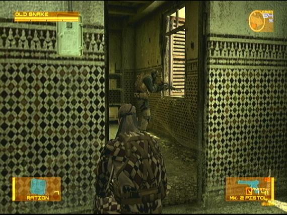 If you continue through this alley toward the objective you ll hear the militia indicate there s a sniper up ahead Otacon also provides this information.
