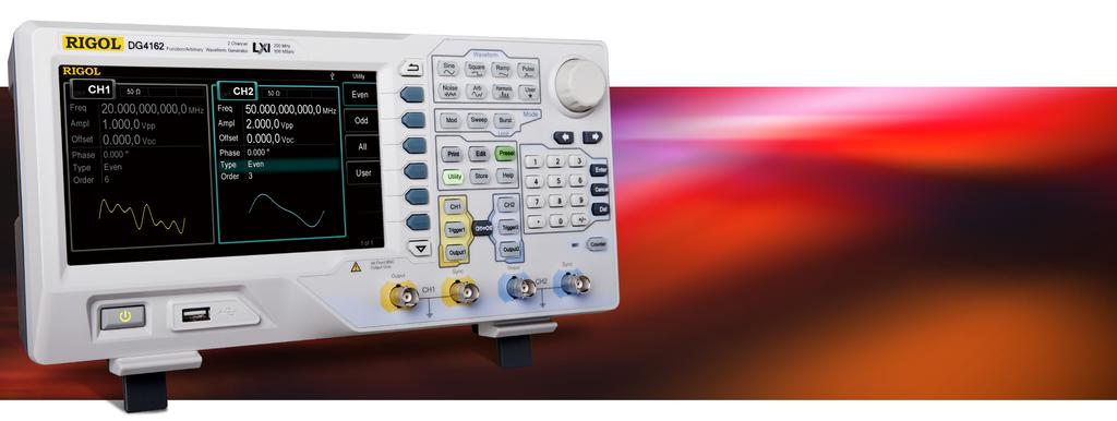 DG4000 Series Function/Arbitrary Waveform Generator Maximum output frequency: 200MHz, 160MHz, 100MHz, 60MHz 500MSa/s sample rate, 14 bit vertical
