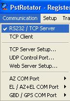 Communication RS232 communication Select RS232 / TCP Server if the rotor controller is connected via RS232 (or a USB to