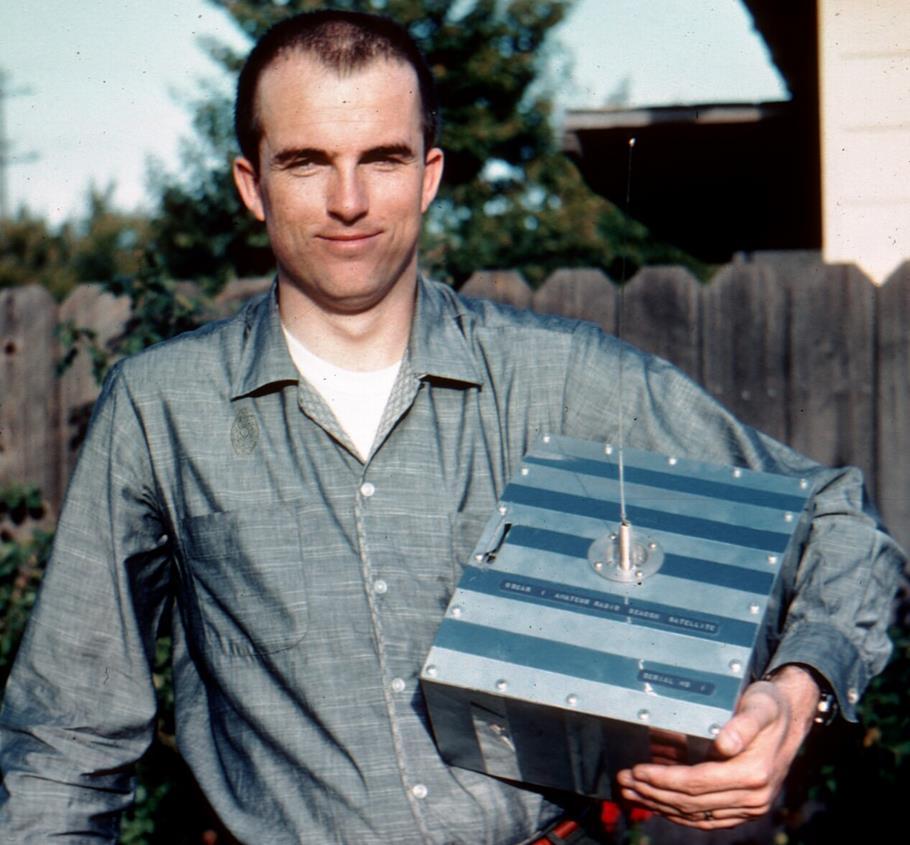 Lance Ginner, K6GSJ, poses with the flight model of Amateur Radio s first satellite, OSCAR 1. He built Oscar 1 in his basement. Launched from Vandenberg AFB on December 12, 1961.