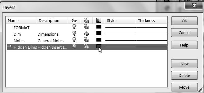 35) Click the Layer Properties file folder from the Layer toolbar. The Layers dialog box is displayed. Create the Dimension Layer. 36) Click the New button. Enter Dim in the Name column.