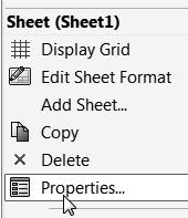 The Sheet Properties dialog box is displayed. 52) Click the Standard sheet size box. 53) Select B (ANSI) Landscape. 54) Check the Display sheet format box. The default Sheet Format, b - landscape.