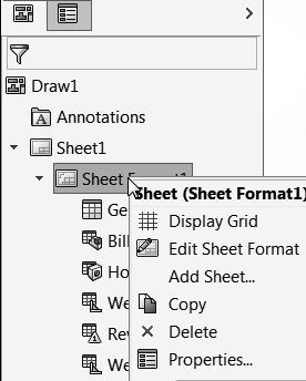 A SOLIDWORKS drawing contains two edit modes: 1. Edit Sheet. 2. Edit Sheet Format. Insert views and dimensions in the Edit Sheet mode.