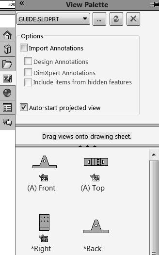 Drag and drop an active part view from the View Palette located in the Task Pane. With an open part, drag and drop the selected view into the active drawing sheet.