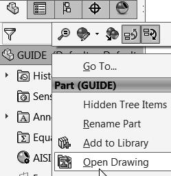 329) Right-click the GUIDE Part icon in the FeatureManager. 330) Click Open Drawing. The GUIDE drawing is displayed. Fit the drawing to the Graphics window. 331) Press the f key.