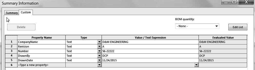Engineering Design with SOLIDWORKS 2016 377) Click the fourth row under the Property Name. 378) Select Number from the Name drop-down menu. 379) Click in the Value/Text Expression box.