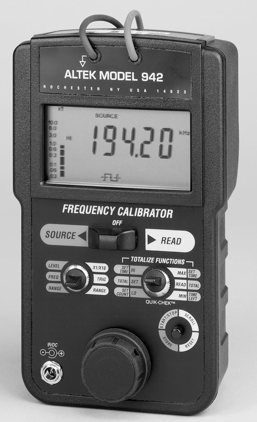 Frequency Calibrator with Totalizer Model 942 0.001% accuracy Locked to high stability crystal Six real world ranges 1 to 20000 counts-per-hour to 2000.0 counts-per-minute 0.01 to 999.99 Hz to 9999.