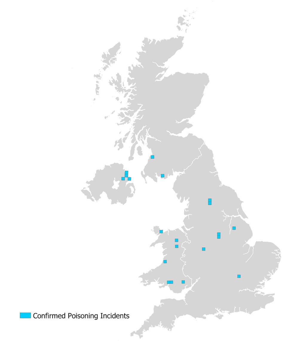 one incident 22 confirmed bird of prey poisoning incidents, mapped to 20 10km grid squares 15 confirmed bird of prey