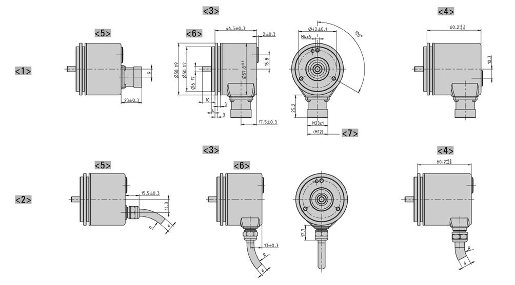 DIMENSIONED DRAWINGS Synchro flange "S" <> Connection M23 (Conin) <2> Connection cable <3> Interface: BiSS, SSI, ST-Parallel <4> Interface: MT-Parallel (only with cable), Fieldbus, SSI-P <5> axial
