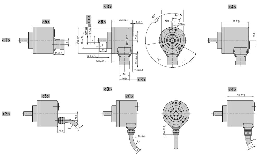 DIMENSIONED DRAWINGS (continued) Clamping flange "K" <> Connection M23 (Conin) <2> Connection cable <3> Interface: BiSS, SSI, ST-Parallel <4> Interface: MT-Parallel (only with cable), Fieldbus, SSI-P