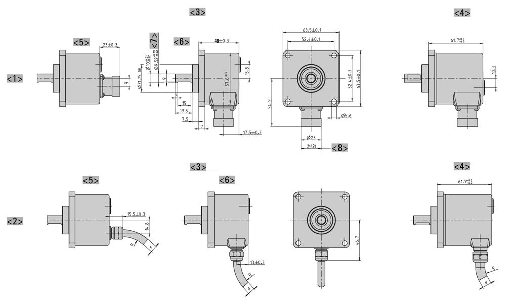 DIMENSIONED DRAWINGS (continued) Square flange "Q" <> Connection M23 (Conin) <2> Connection cable <3> Interface: BiSS, SSI, ST-Parallel <4> Interface: MT-Parallel (only with cable), Fieldbus, SSI-P