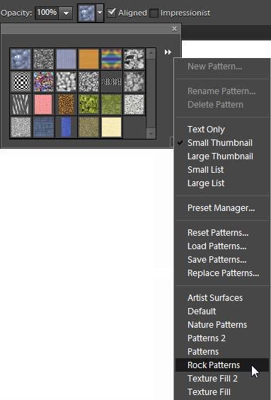 Using the Pattern Stamp tool With the Pattern Stamp tool, you can paint patterns onto an image, choosing from a variety of patterns. To use the Pattern Stamp tool: 1. Select the Pattern Stamp tool.